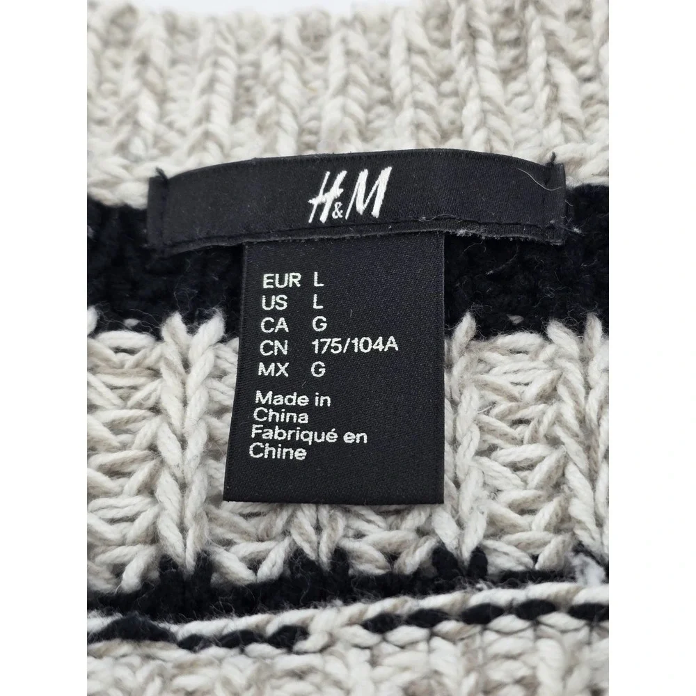 H&M Chunky Knit Sweater Women's Black Off-White Striped Loose Fit Pullover- L‎